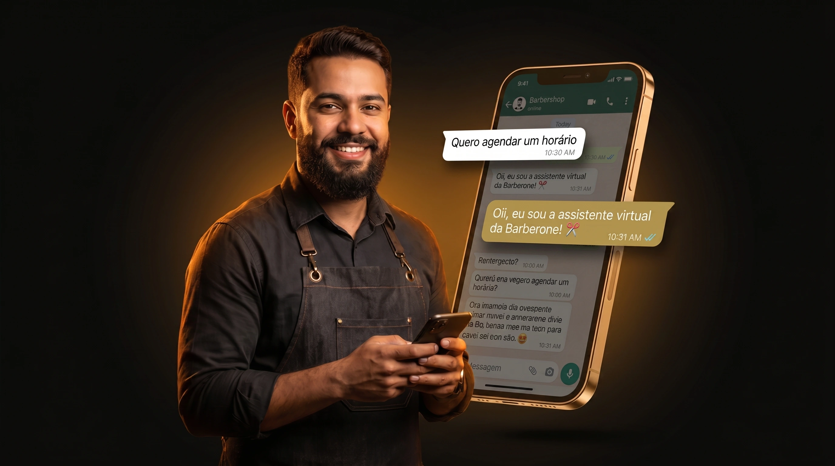 Barbeiro na cadeira com celular mostrando WhatsApp respondendo automaticamente